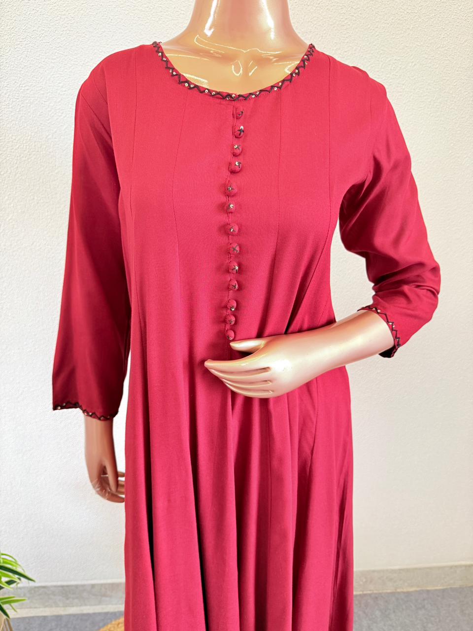 Rayon Anarkali Suit Set with Mul Cotton Ajrakh Dupatta