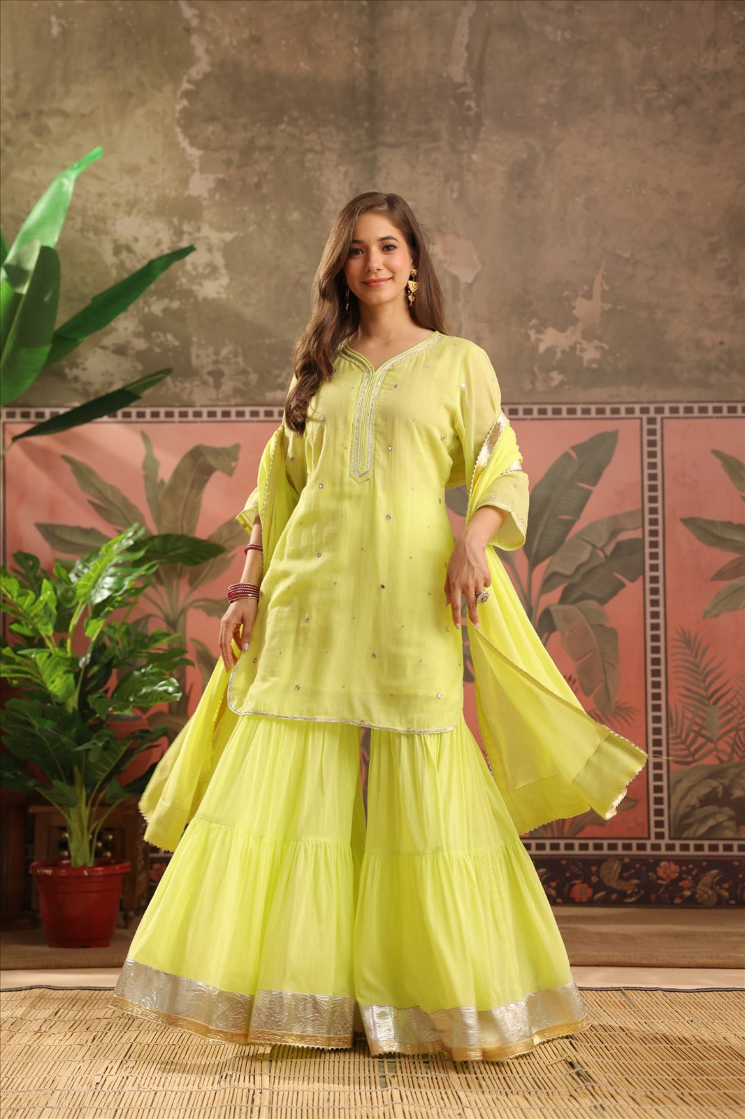 Gota Patti Detailed V-Neck Short Kurti & Tiered Sharara Set with Sheer Dupatta
