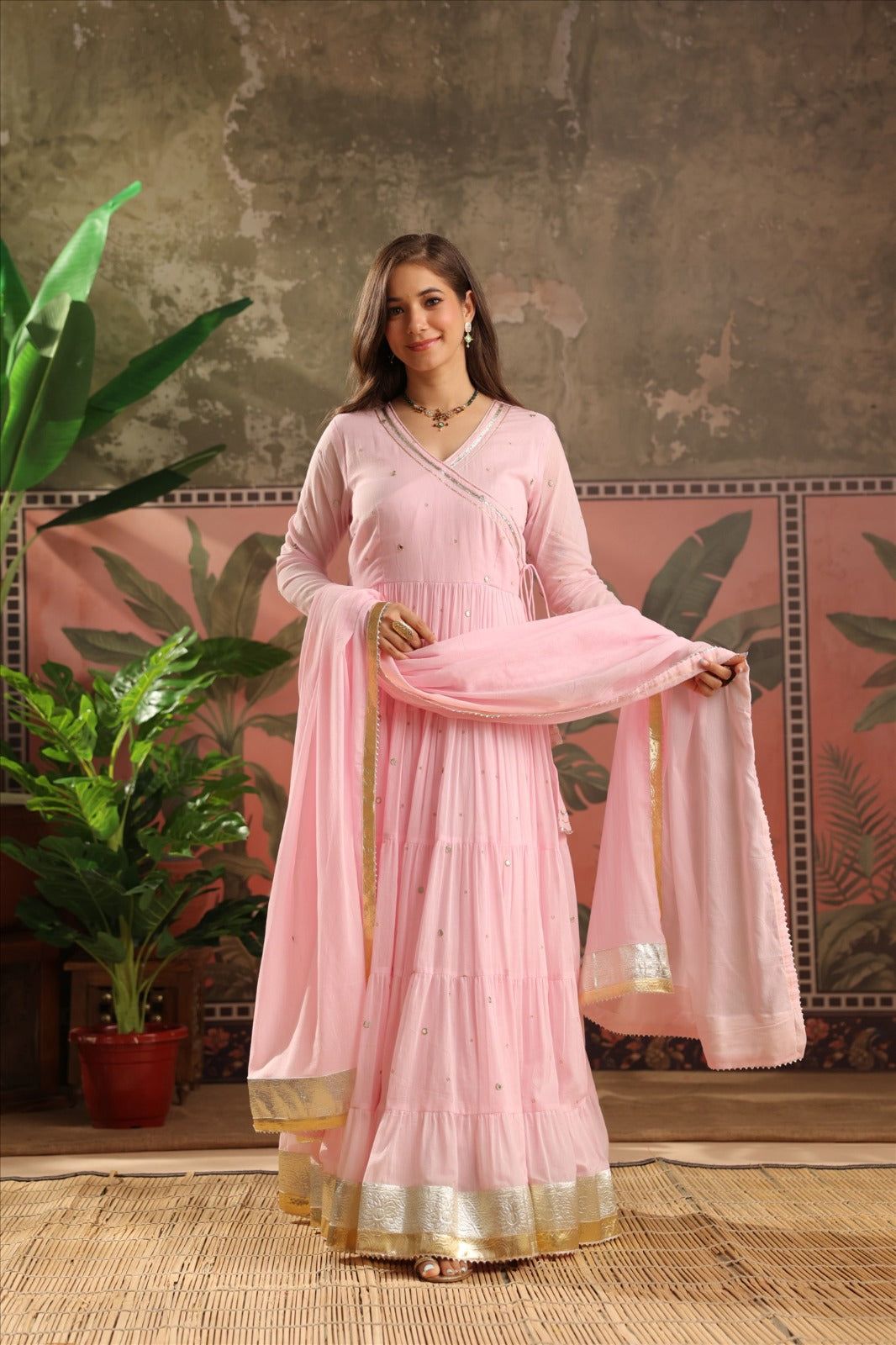 Angrakha V-Neck Tiered Mul Cotton Anarkali Set with Metallic Gota Borders