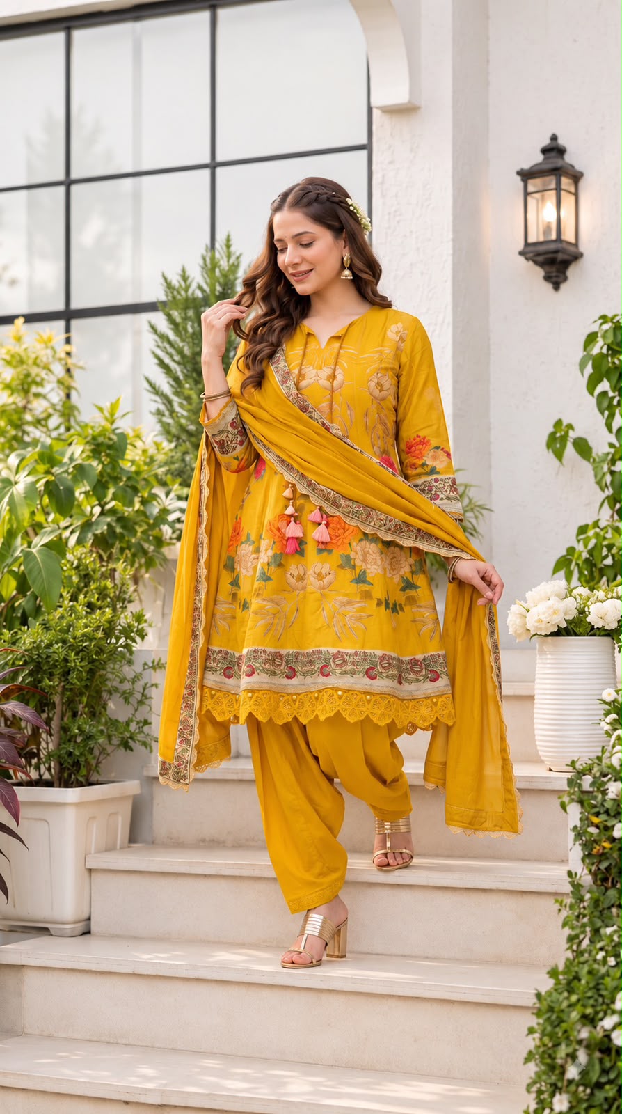 Schiffli Cutwork Hem Short Muslin Anarkali Suit Set with Farsi Salwar