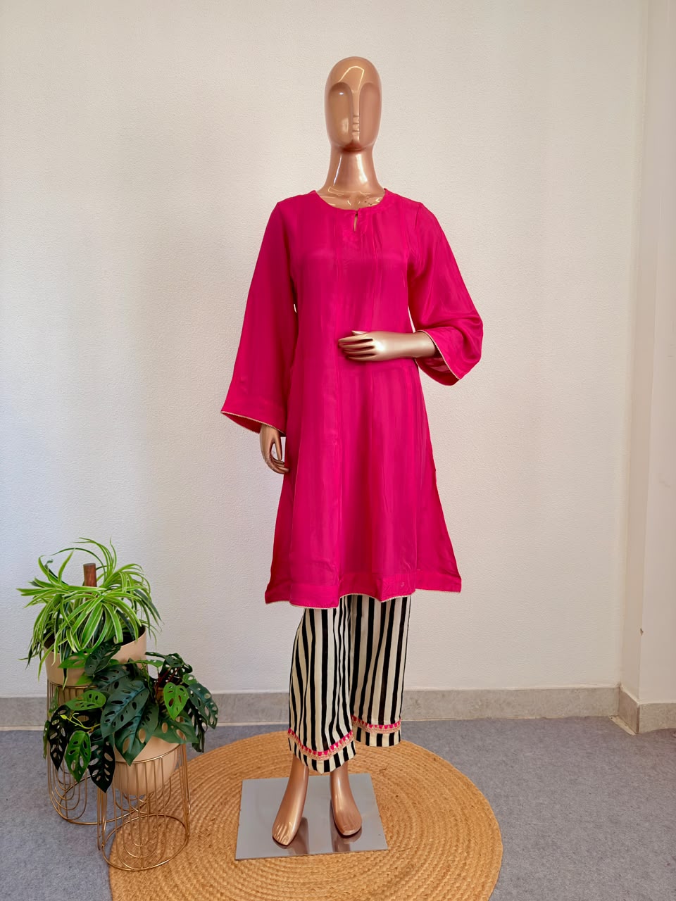 Flared Silk A-Line Kurta with Striped Pant Set