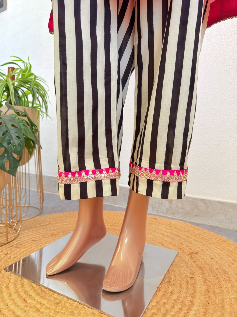 Flared Silk A-Line Kurta with Striped Pant Set