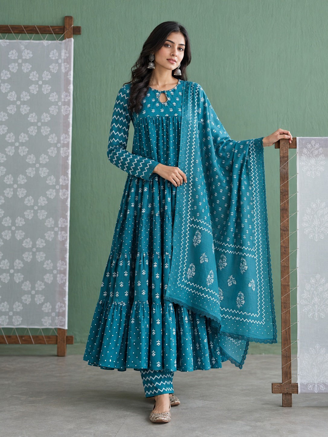 Tiered Floral & Booti Print Silk Anarkali Set with Lace Dupatta - Teal