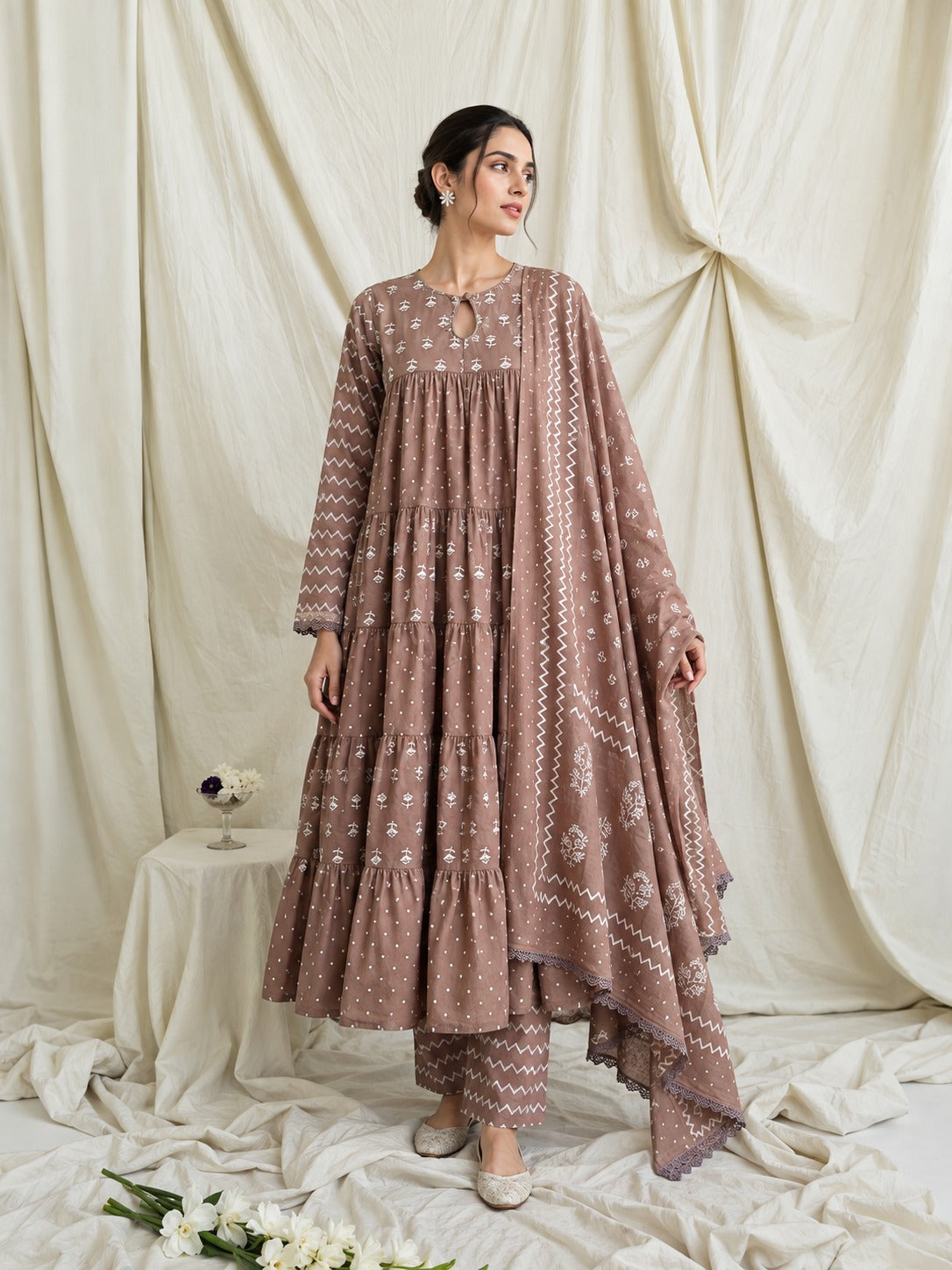 Tiered Block Print Cotton Anarkali Set with Dupatta - Mocha