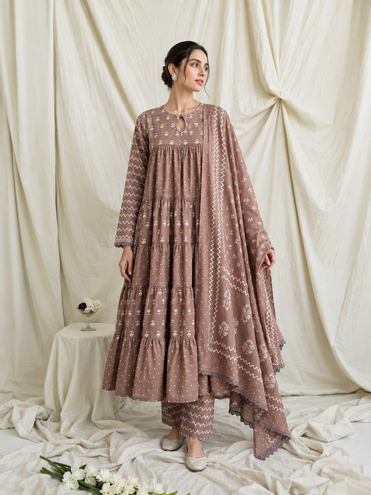 Tiered Block Print Cotton Anarkali Set with Dupatta - Mocha