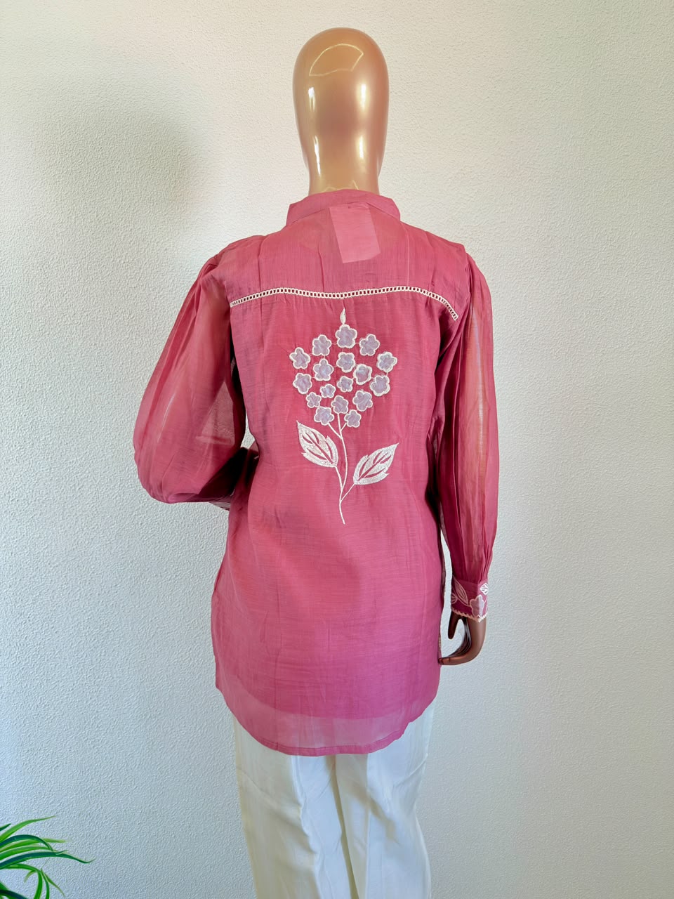 White Floral Applique Mul Chanderi Shirt & Ivory Trouser Co-Ord Set - Rose