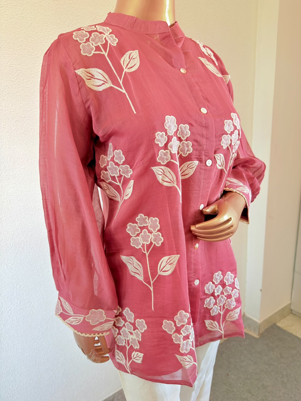 White Floral Applique Mul Chanderi Shirt & Ivory Trouser Co-Ord Set - Rose