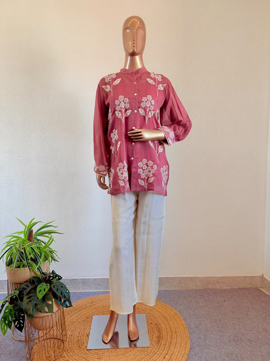 White Floral Applique Mul Chanderi Shirt & Ivory Trouser Co-Ord Set - Rose