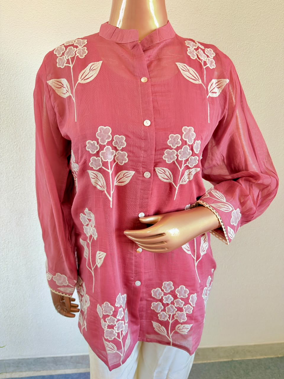 White Floral Applique Mul Chanderi Shirt & Ivory Trouser Co-Ord Set - Rose
