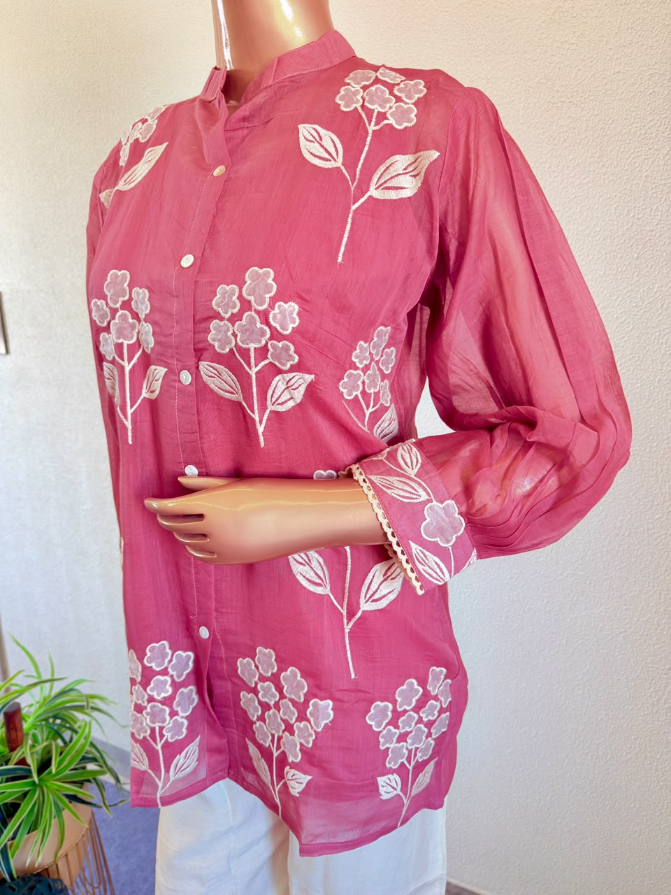 White Floral Applique Mul Chanderi Shirt & Ivory Trouser Co-Ord Set - Rose