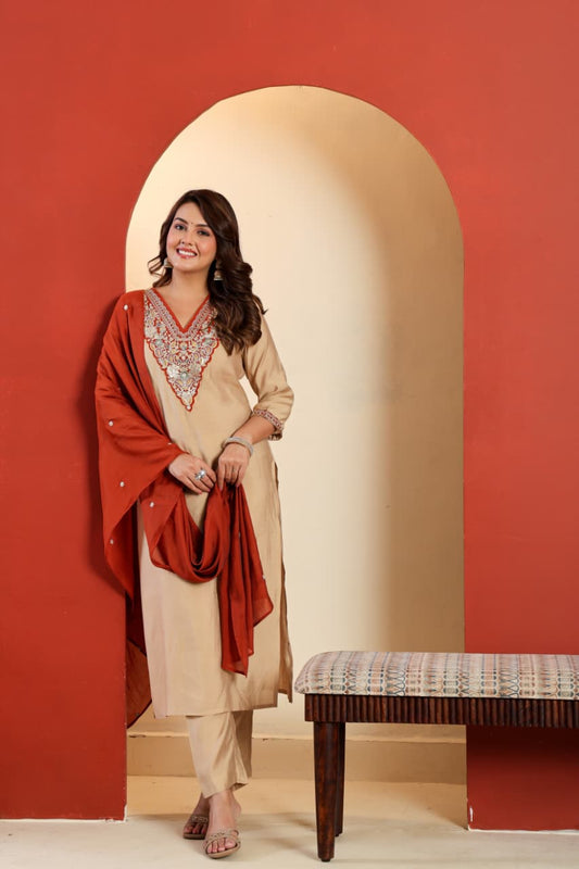Embroidered Neck Muslin Suit with Contrast Dupatta