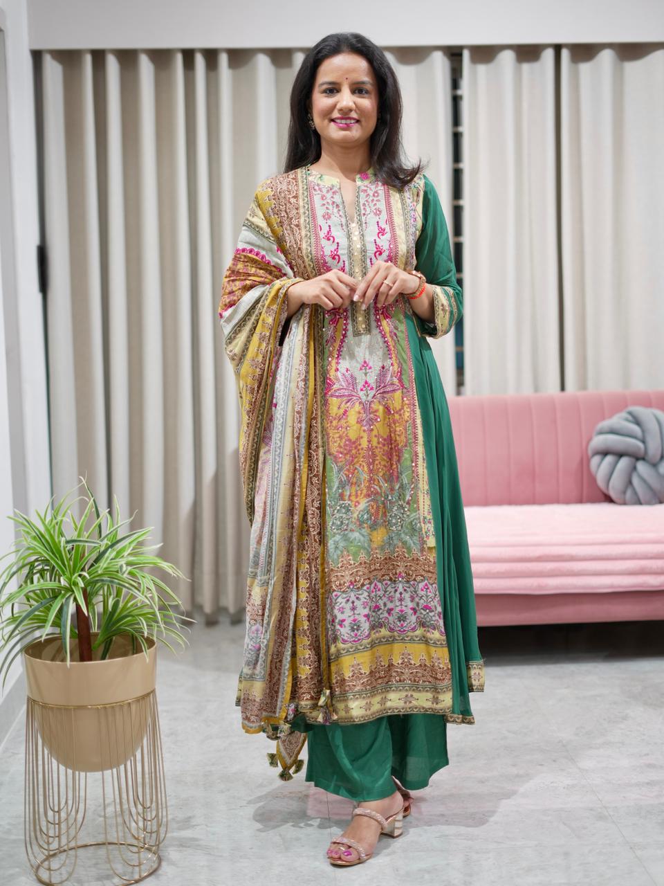 Premium Georgette Suit with Printed Dola Panel & Dupatta