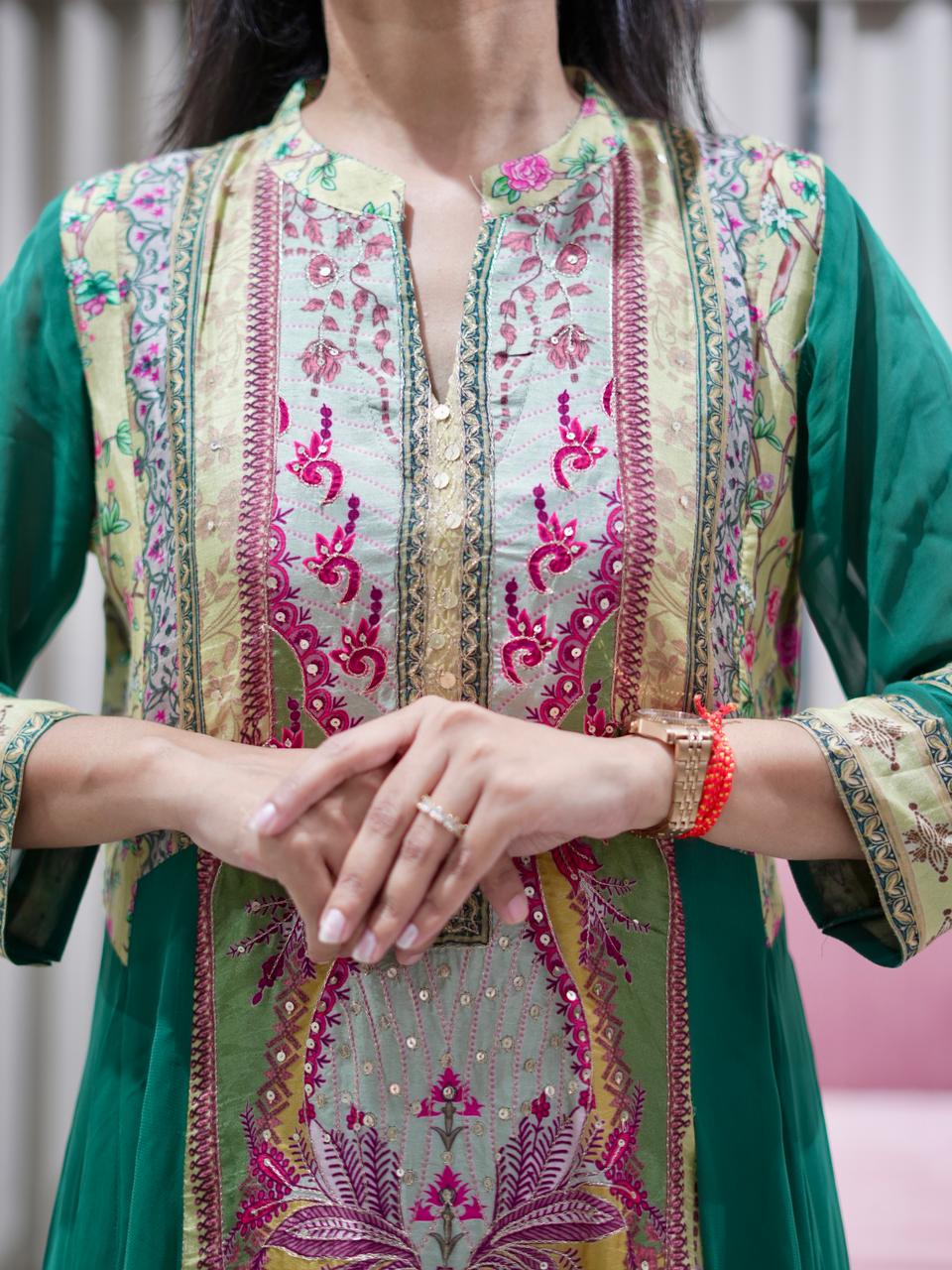 Premium Georgette Suit with Printed Dola Panel & Dupatta