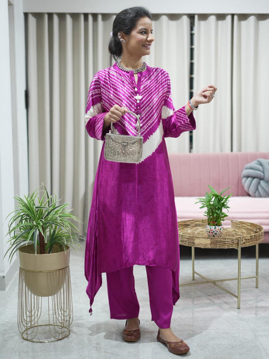 Bandhani Gajji Silk Kurta Pant Set - Wine