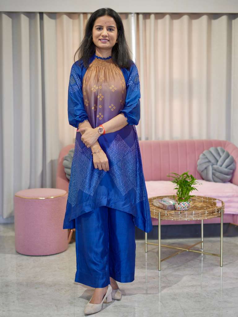 Premium Silk Kurta Pant set with Smoked Neckline- Blue