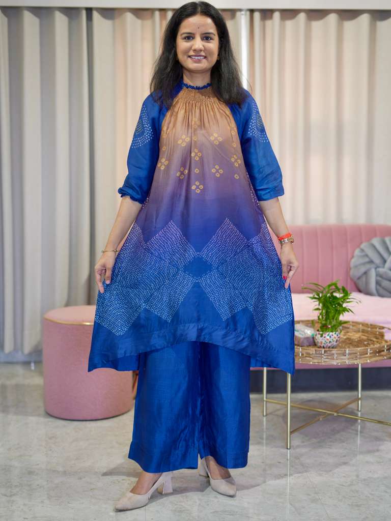 Premium Silk Kurta Pant set with Smoked Neckline- Blue