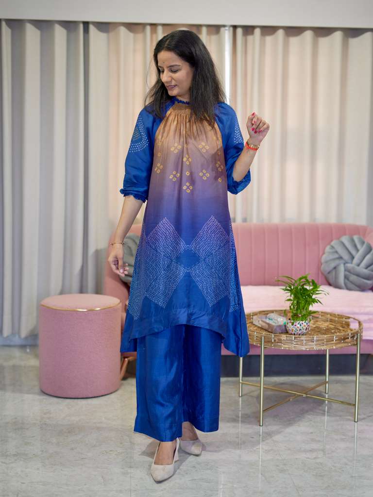 Premium Silk Kurta Pant set with Smoked Neckline- Blue