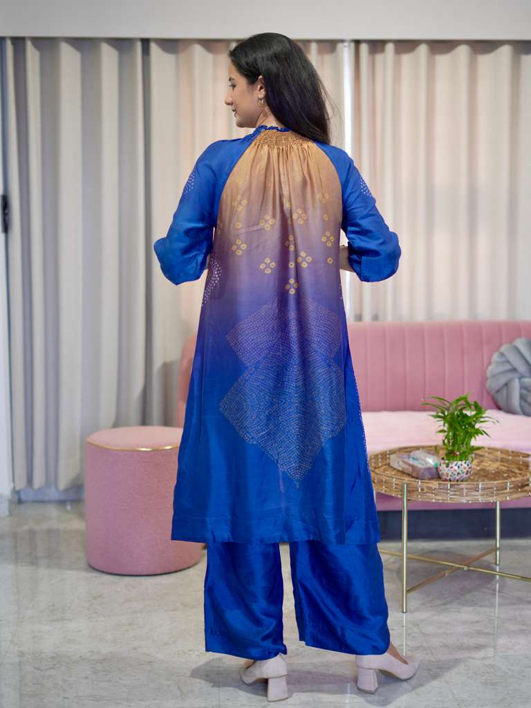 Premium Silk Kurta Pant set with Smoked Neckline- Blue