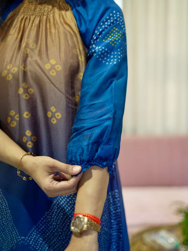 Premium Silk Kurta Pant set with Smoked Neckline- Blue