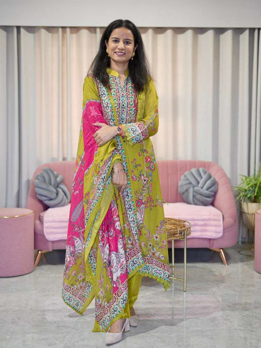 Printed Soft Muslin A-line Suit Set- Green