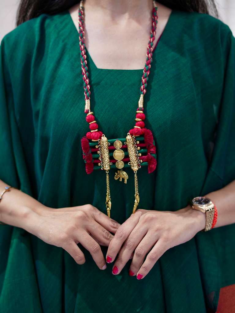Chanderi Kaftan Indo Western with Neck Piece - Green