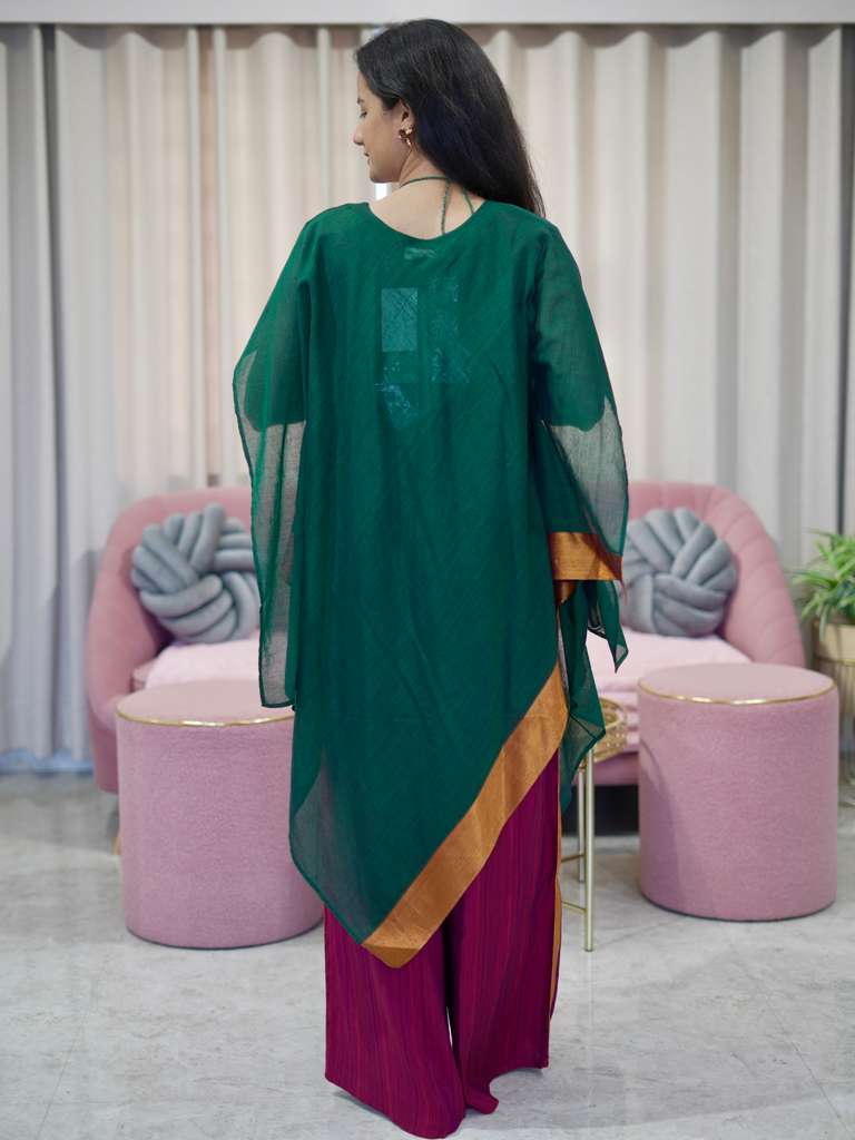 Chanderi Kaftan Indo Western with Neck Piece - Green