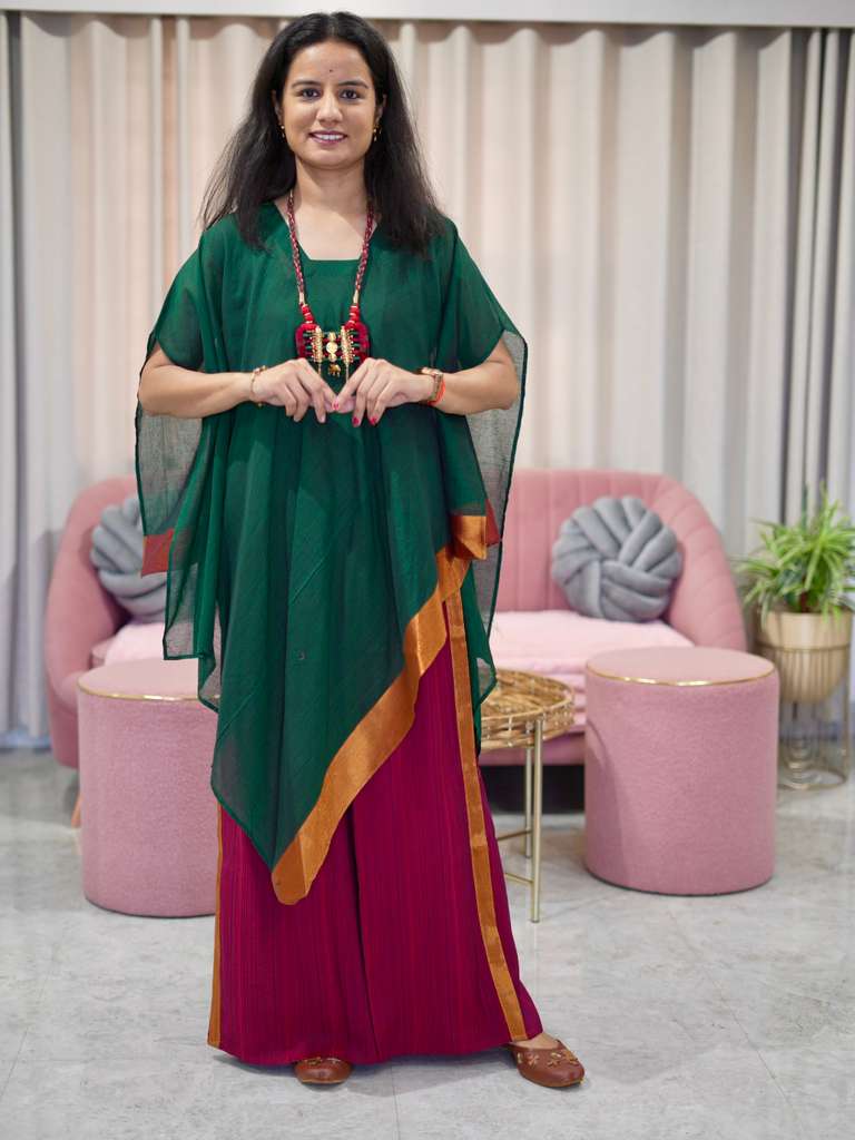 Chanderi Kaftan Indo Western with Neck Piece - Green