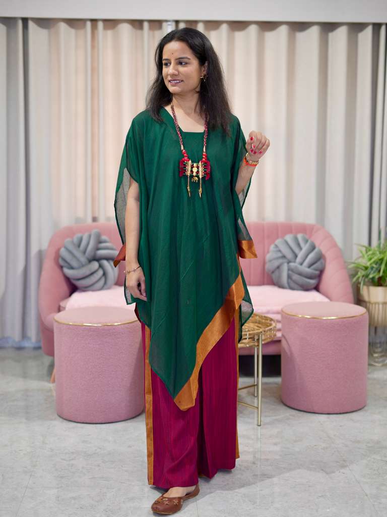 Chanderi Kaftan Indo Western with Neck Piece - Green