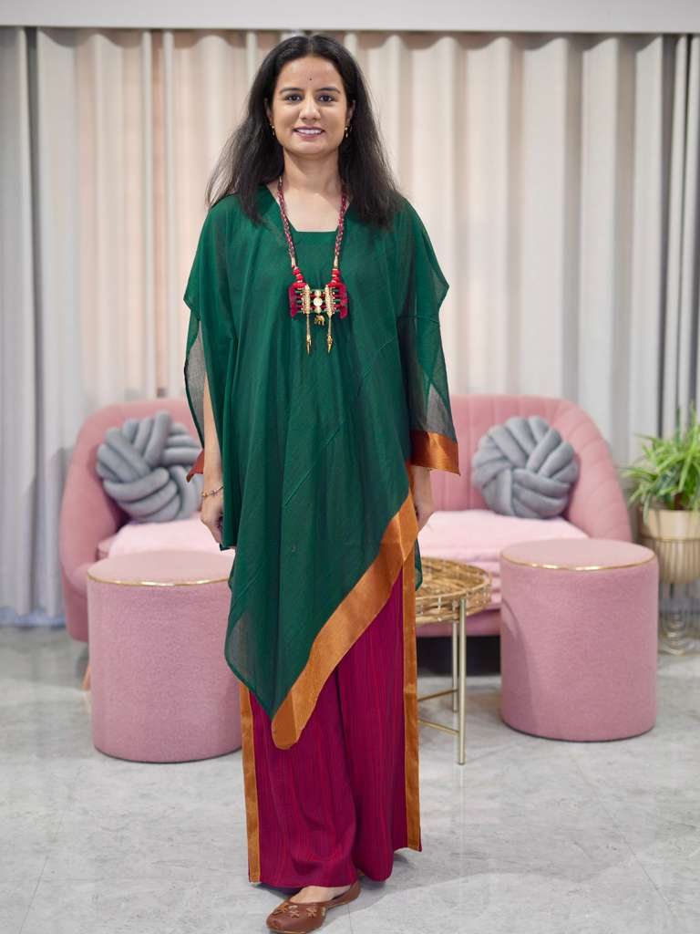 Chanderi Kaftan Indo Western with Neck Piece - Green