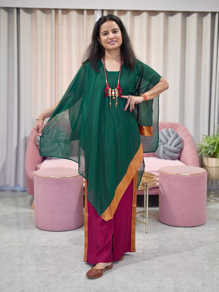 Chanderi Kaftan Indo Western with Neck Piece - Green