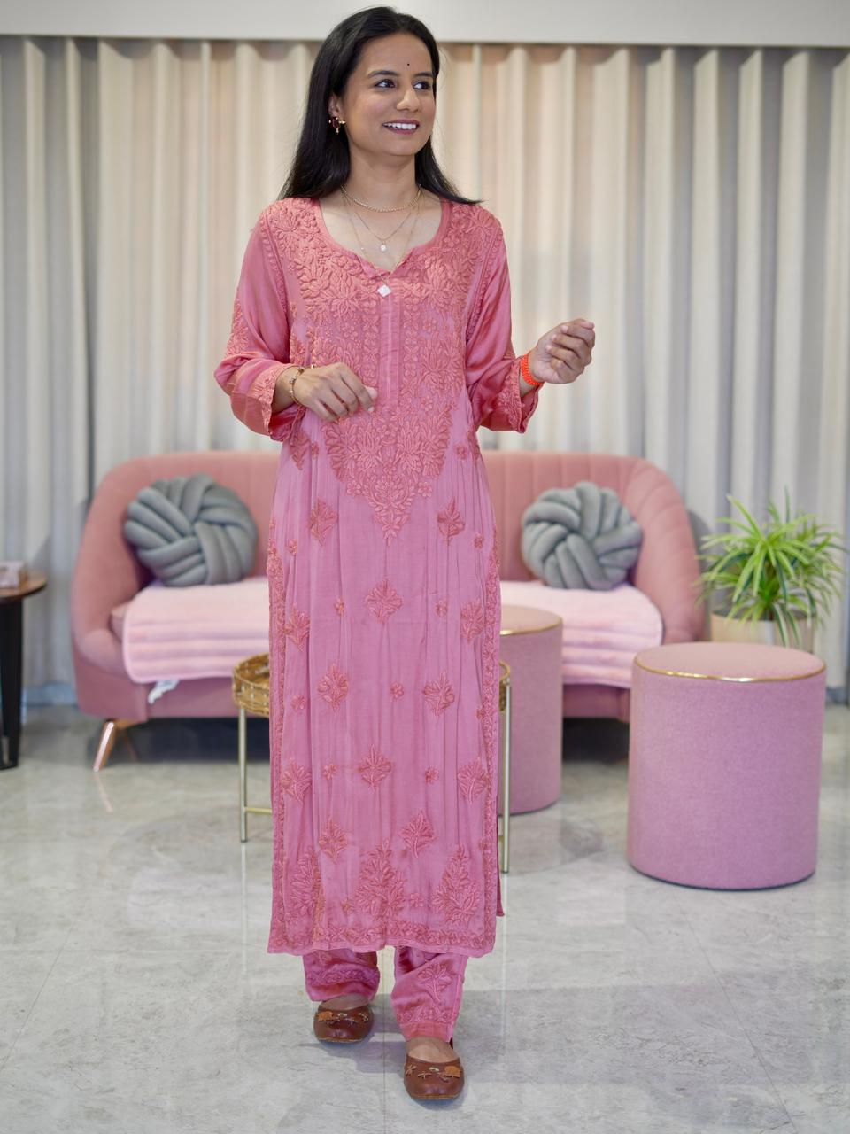 Modal Satin Chikankari Kurta Pant Set