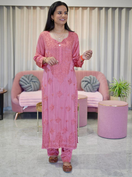 Modal Satin Chikankari Kurta Pant Set