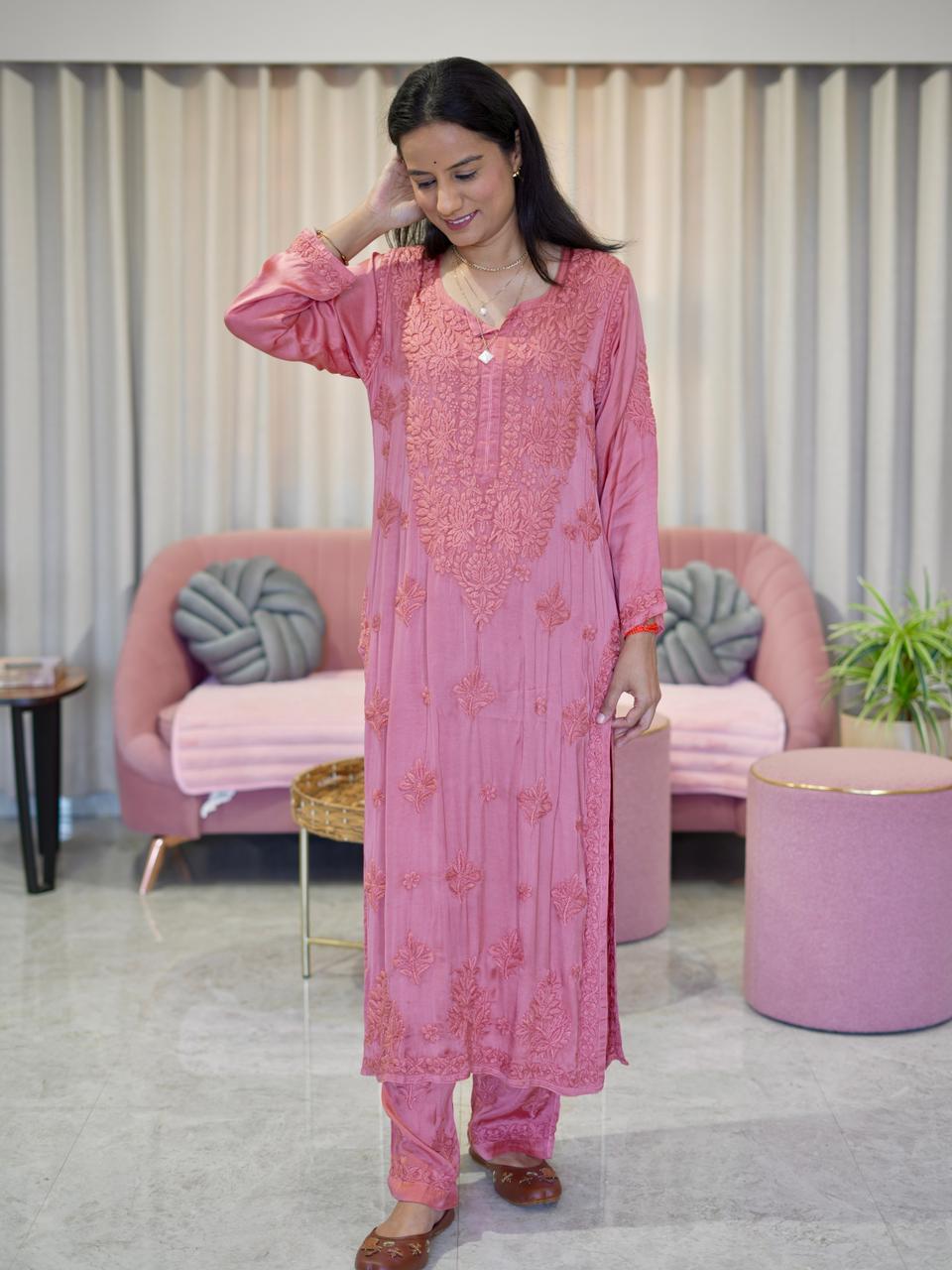 Modal Satin Chikankari Kurta Pant Set