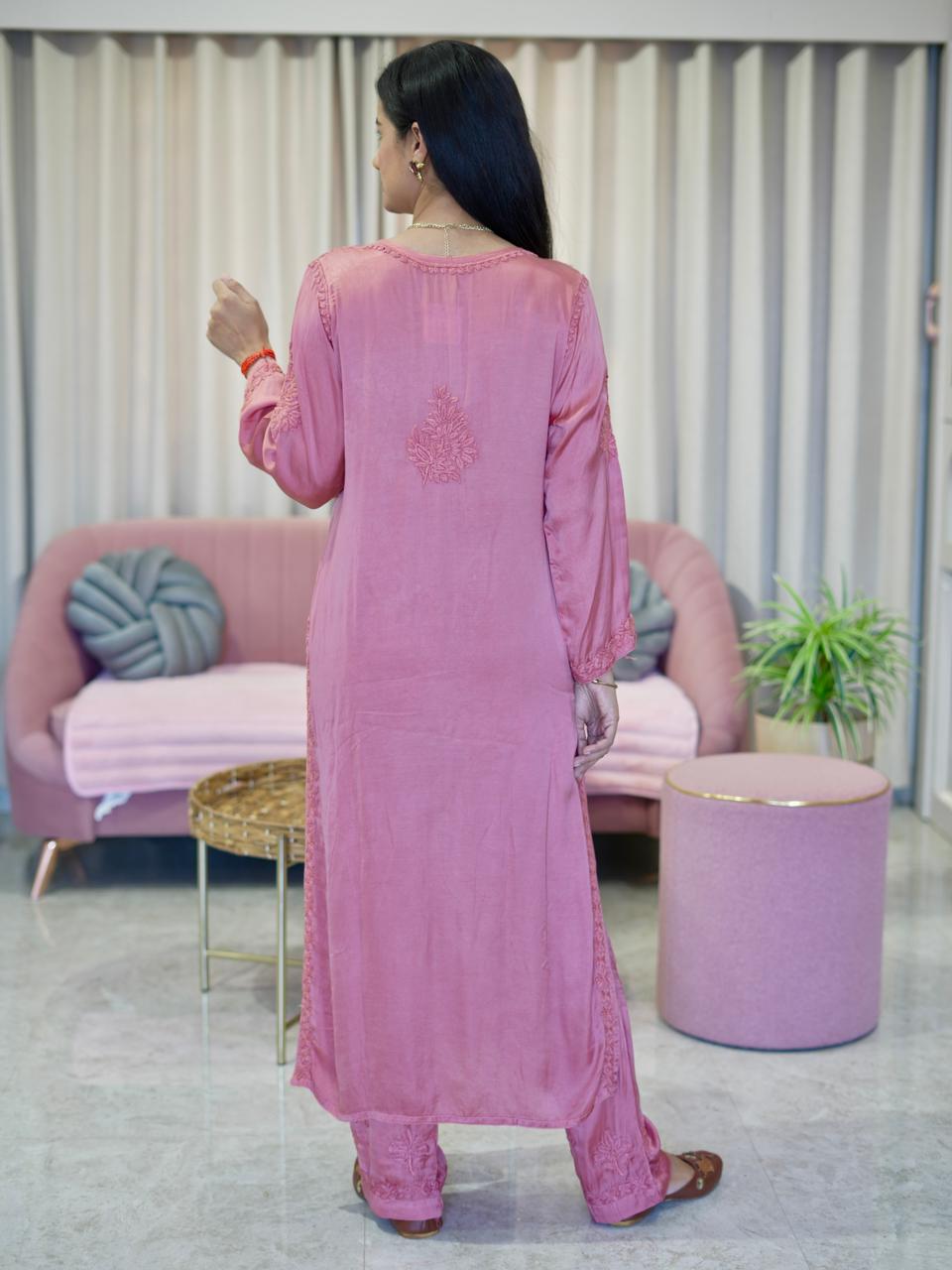 Modal Satin Chikankari Kurta Pant Set