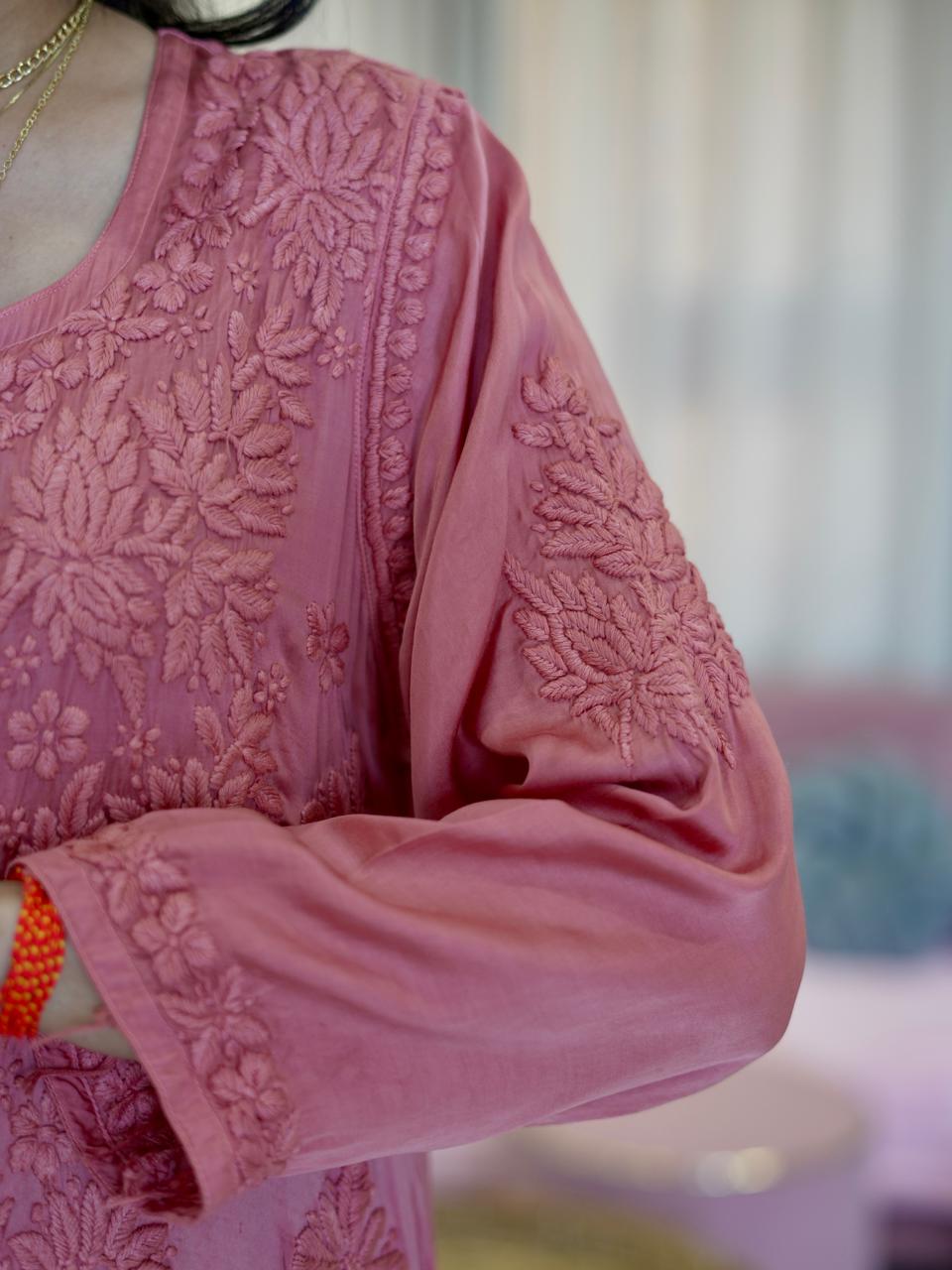 Modal Satin Chikankari Kurta Pant Set