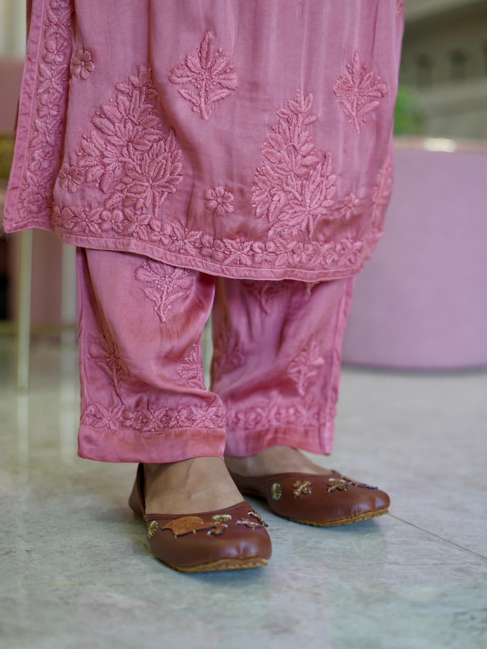 Modal Satin Chikankari Kurta Pant Set