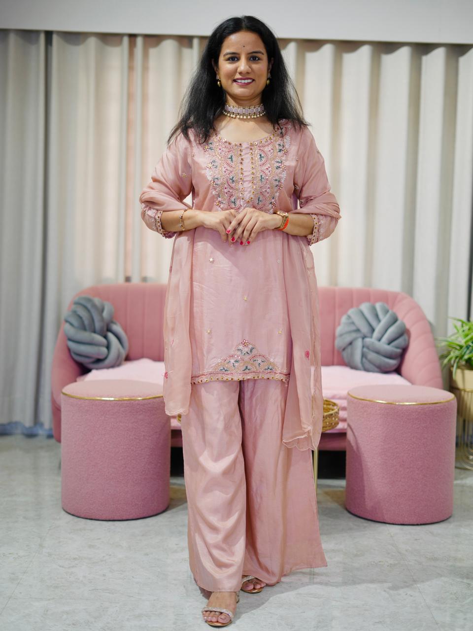 Dola Silk Short Kurta Suit Set- Peach