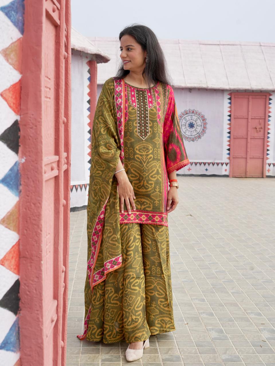 Ikkat Print Crepe Palazzo Set - Green