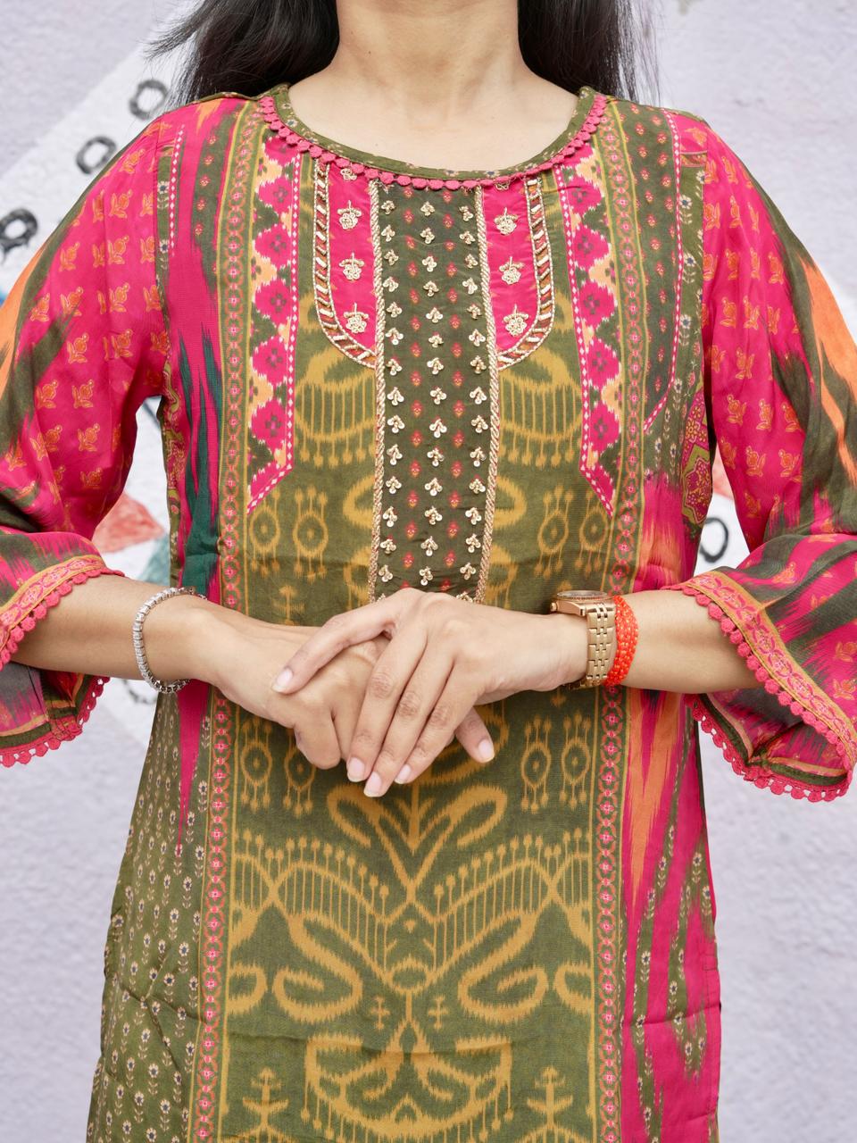Ikkat Print Crepe Palazzo Set - Green