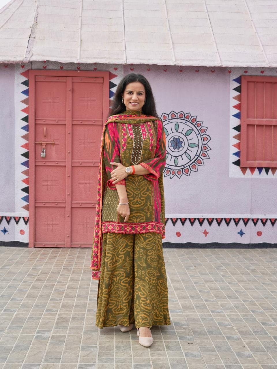 Ikkat Print Crepe Palazzo Set - Green