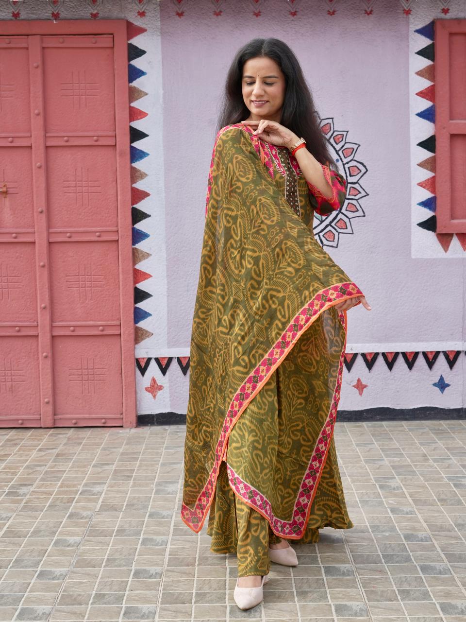 Ikkat Print Crepe Palazzo Set - Green