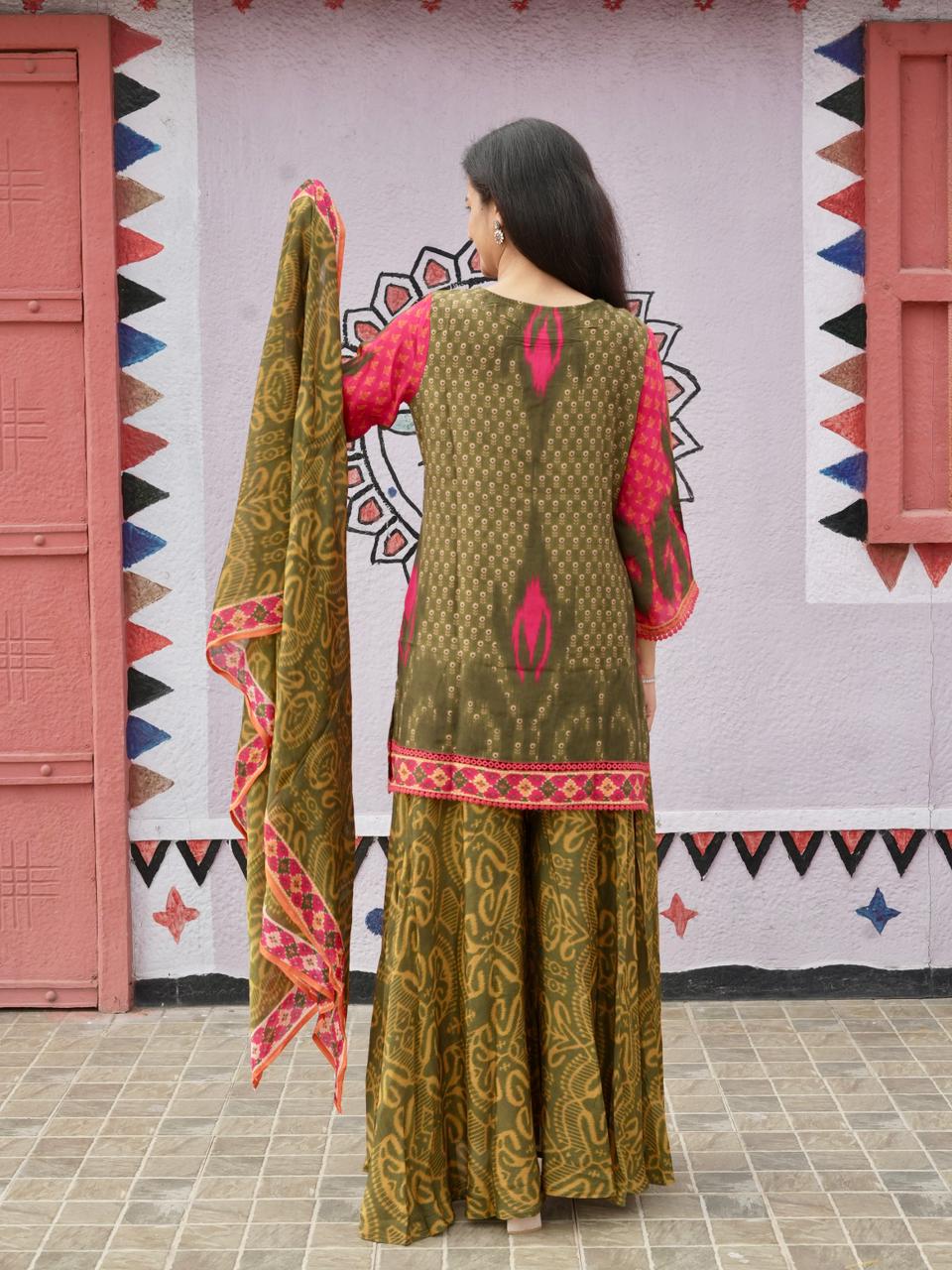 Ikkat Print Crepe Palazzo Set - Green