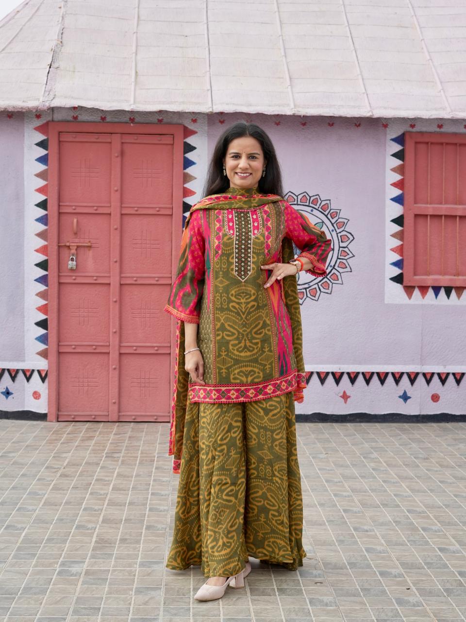 Ikkat Print Crepe Palazzo Set - Green