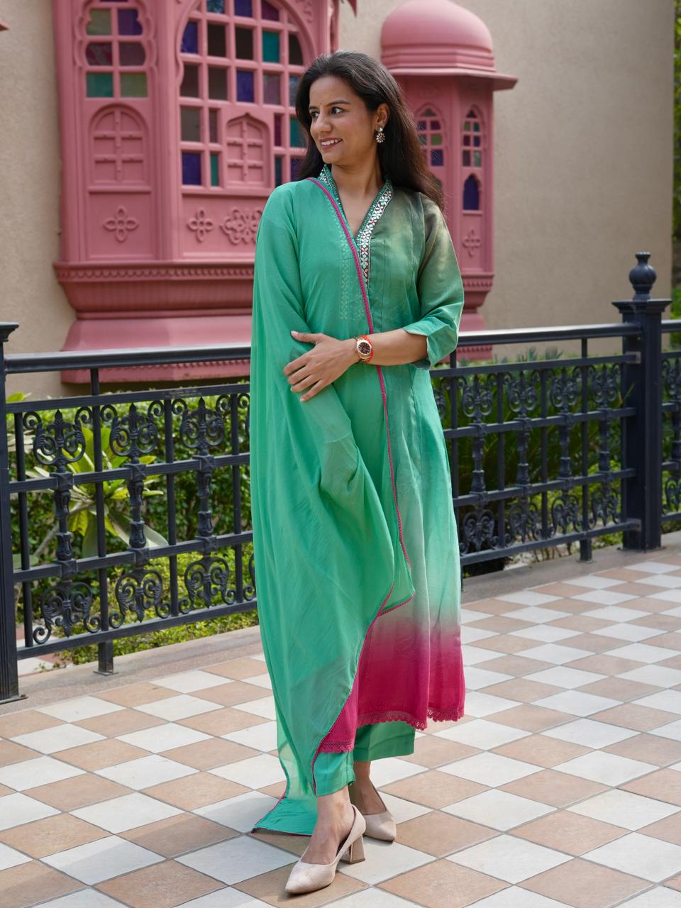 Ombre shaded Russian Silk Anarkali Suit