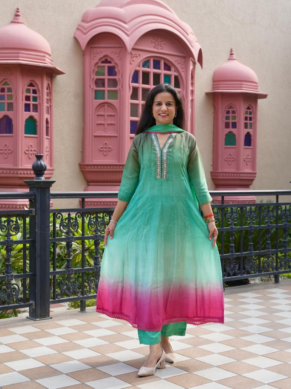 Ombre shaded Russian Silk Anarkali Suit