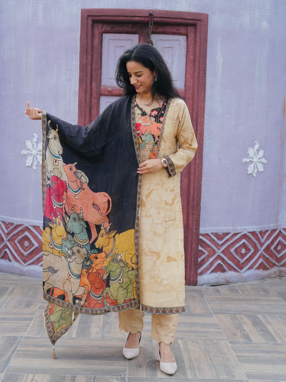 Kalamkari Print Crepe Suit Set with Contrast Dupatta