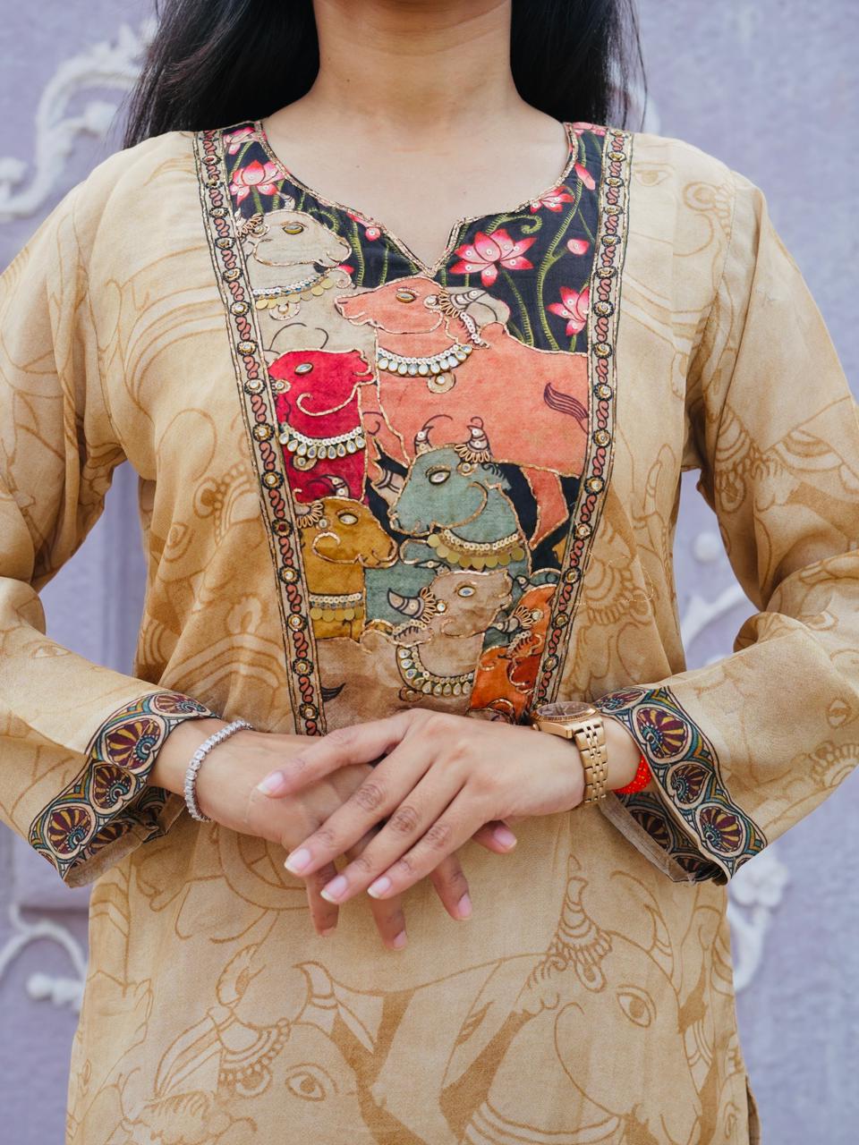 Kalamkari Print Crepe Suit Set with Contrast Dupatta