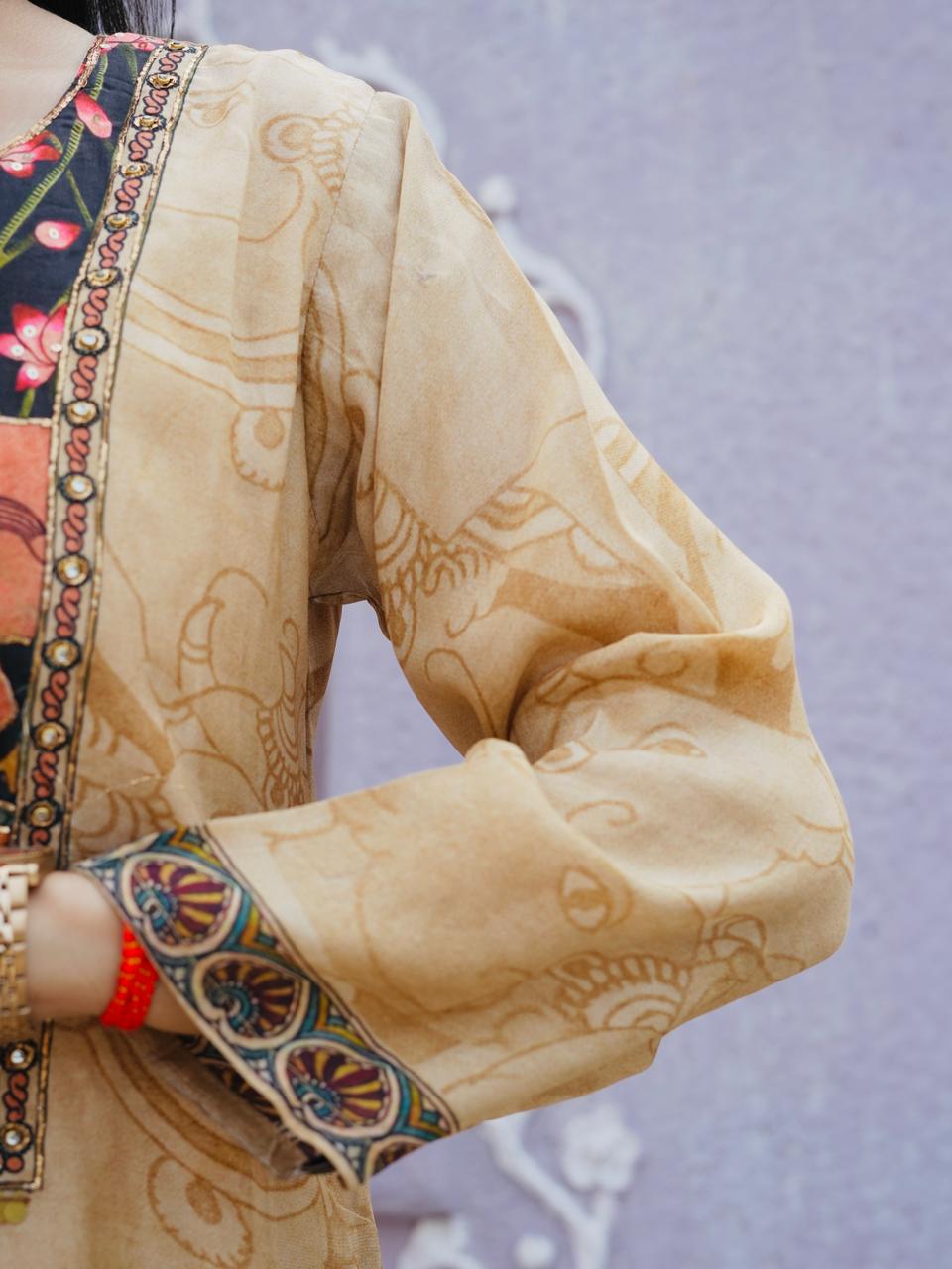 Kalamkari Print Crepe Suit Set with Contrast Dupatta