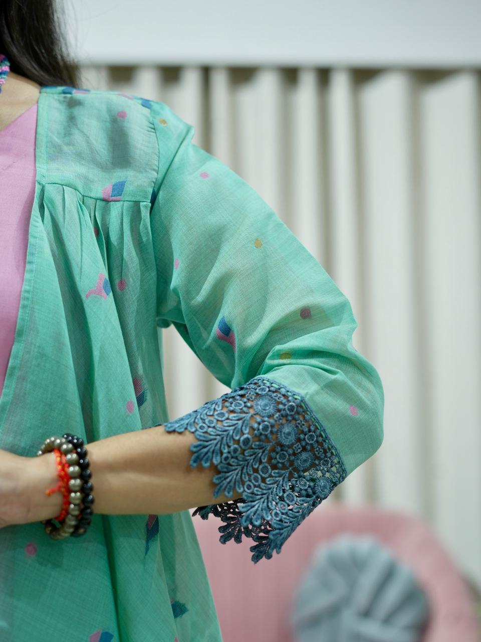 Silk Kurta Pant with Woven Chanderi Asymmetrical Jacket