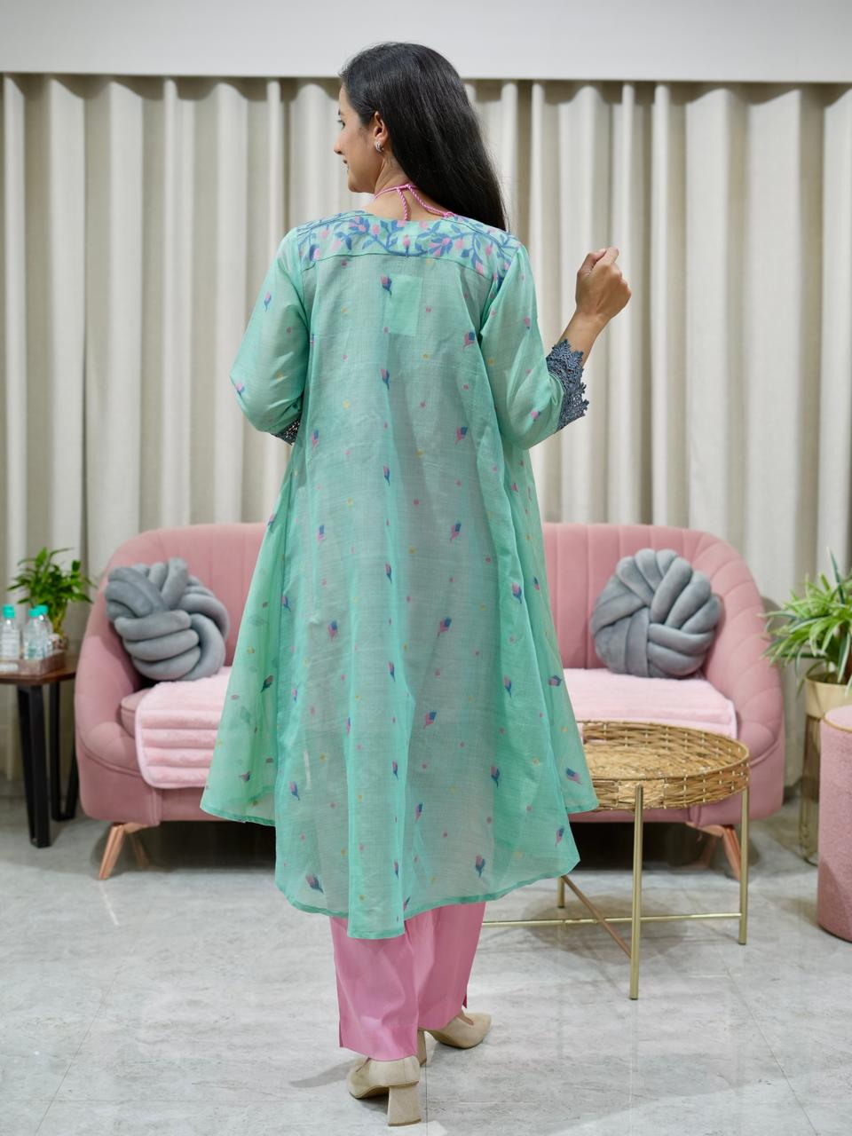 Silk Kurta Pant with Woven Chanderi Asymmetrical Jacket